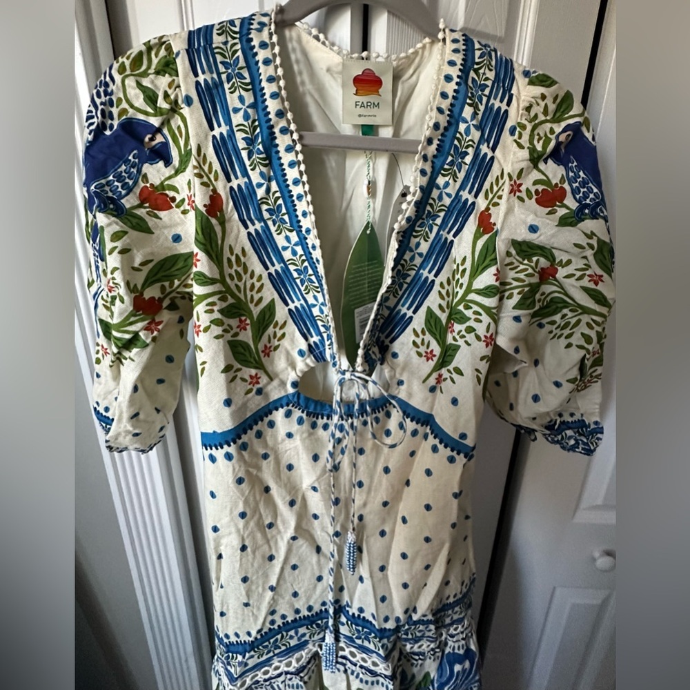 Farm Rio Macaw Flight Maxi Dress Off White Blue Floral NWT Size S - Picture 9 of 16